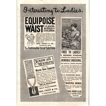 Equipoise Waist Corset George Frost & Co Boston MA c1890 Victorian Ad D11