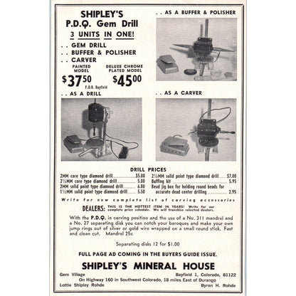 Shipley's Mineral House Lapidary Supply Bayfield CO 1964 Magazine Ad AB6-LL1