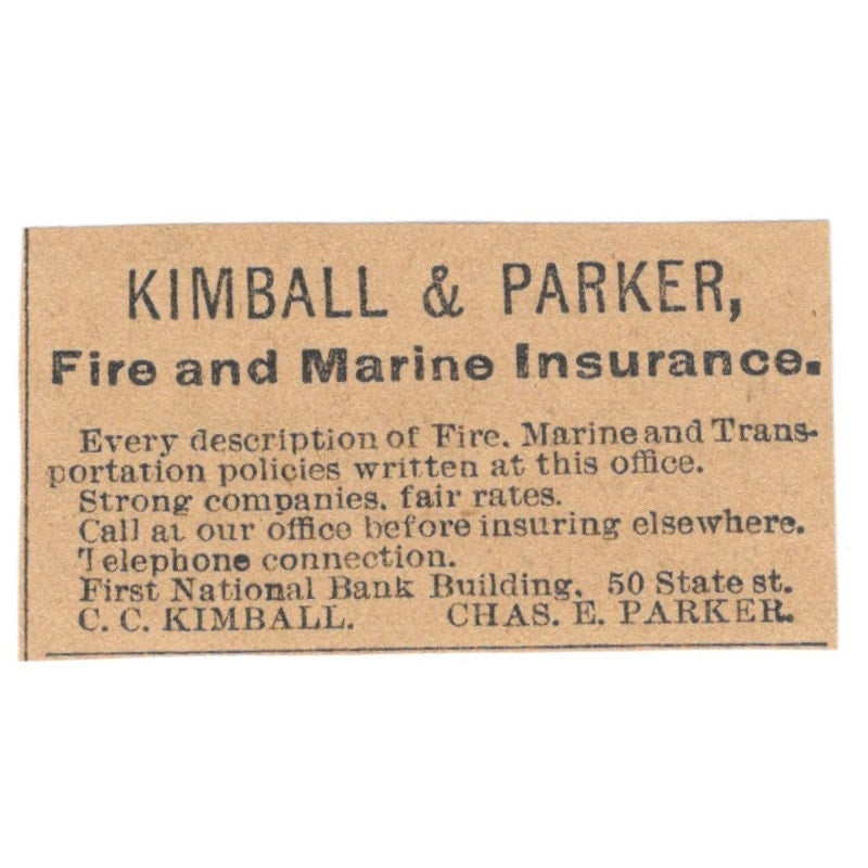 C.C. Kimball & Chas. E. Parker Fire Ins Hartford 1901 Newspaper Ad AD8-HS9