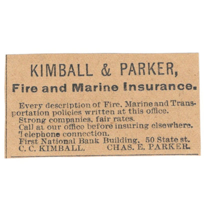 C.C. Kimball & Chas. E. Parker Fire Ins Hartford 1901 Newspaper Ad AD8-HS9