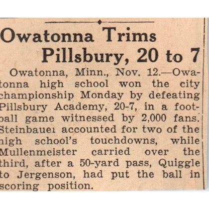 Owatonna vs Pillsbury High School Football City Championship 1935 Article AE7-N6