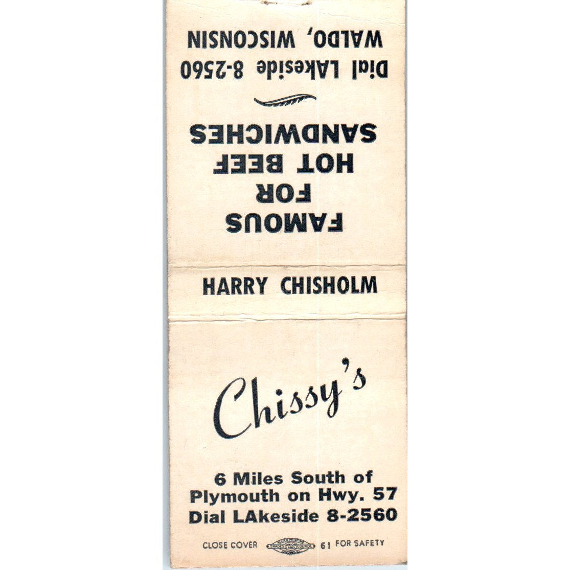 Chissy's Restaurant Harry Chisholm Waldo WI Vintage Matchbook Cover SD2-Y14
