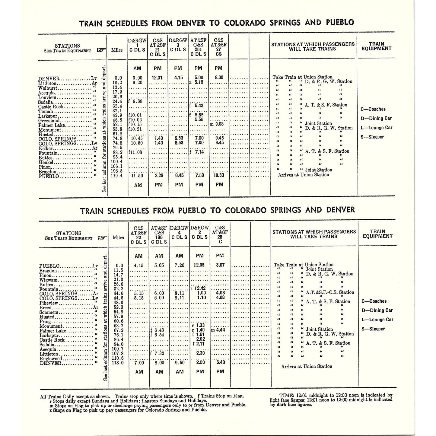 1957 Train Schedules Between Denver Colorado Springs Pueblo Timetable AF9-2