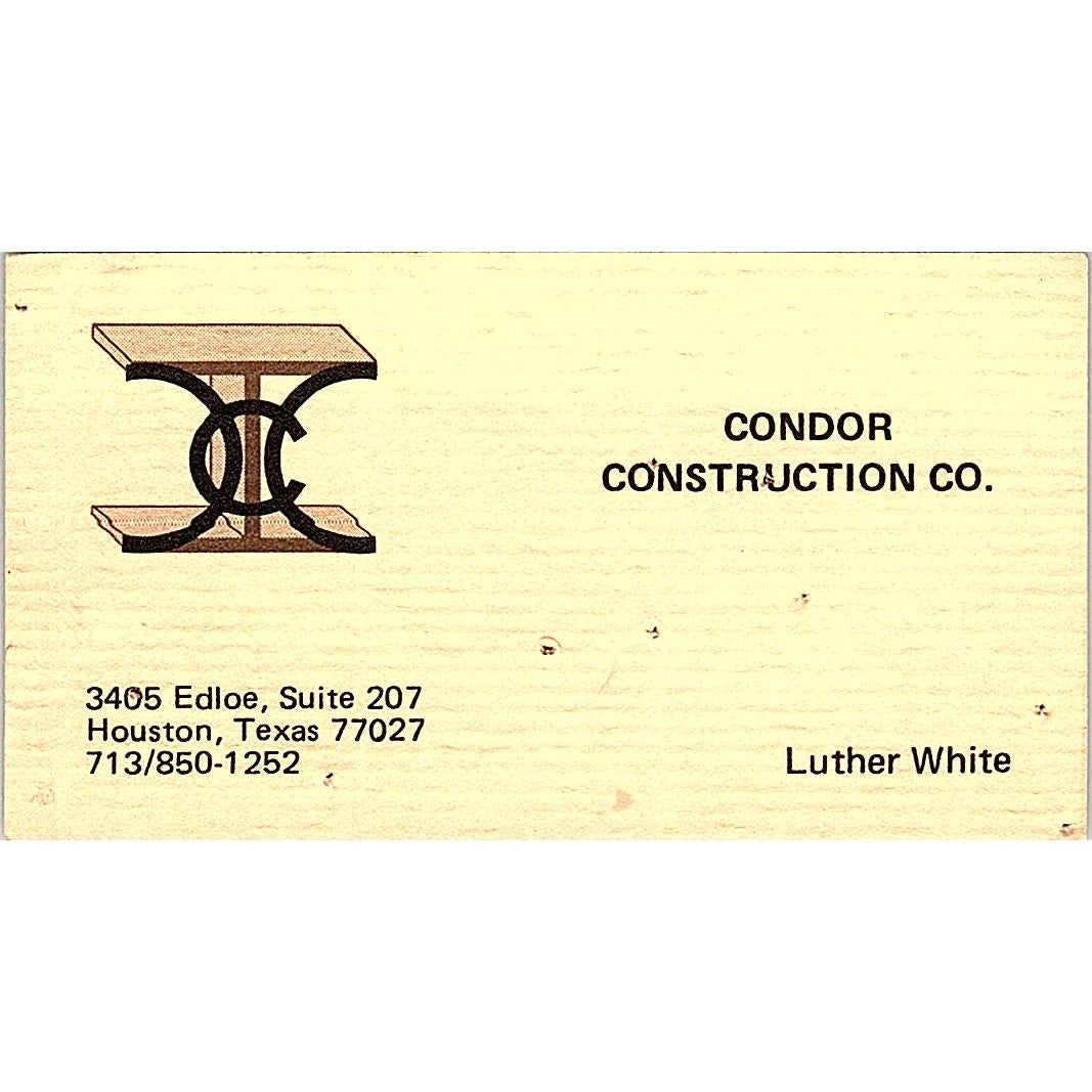 Luther White Condor Construction Co Houston TX Vintage Business Card SD9-B3