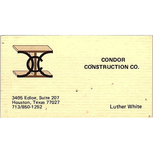 Luther White Condor Construction Co Houston TX Vintage Business Card SD9-B3