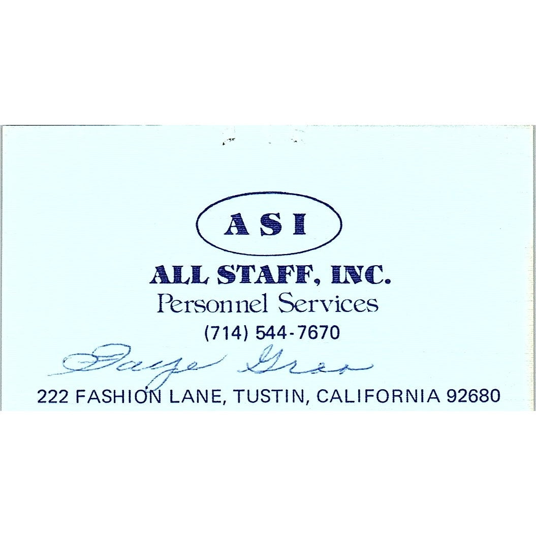 ASI All Staff Personnel Services Tustin California Vintage Business Card SF3-B7