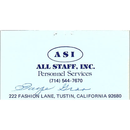 ASI All Staff Personnel Services Tustin California Vintage Business Card SF3-B7