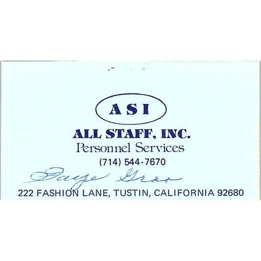 ASI All Staff Personnel Services Tustin California Vintage Business Card SF3-B7