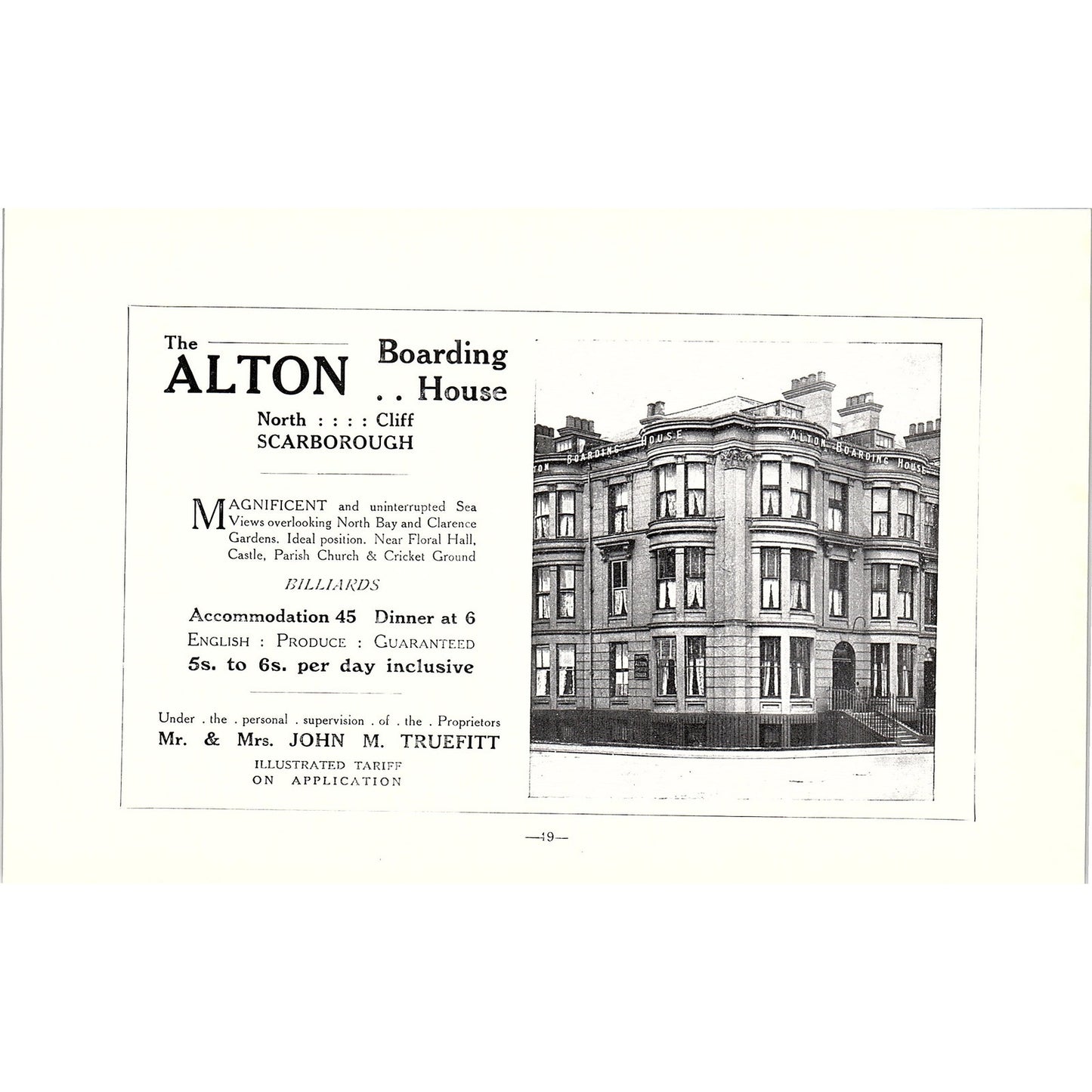 Alton Boarding House North Cliff John M Truefitt Scarborough c1910 Ad AF3-9