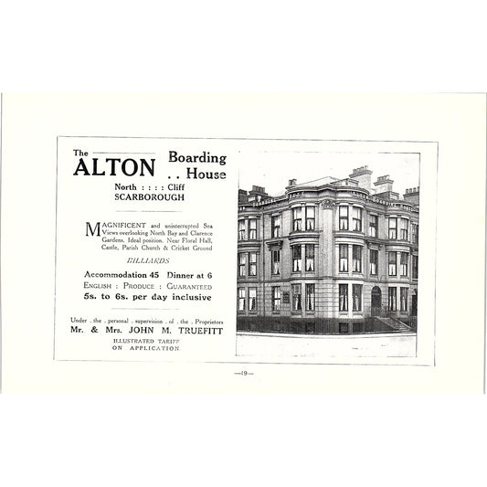 Alton Boarding House North Cliff John M Truefitt Scarborough c1910 Ad AF3-9