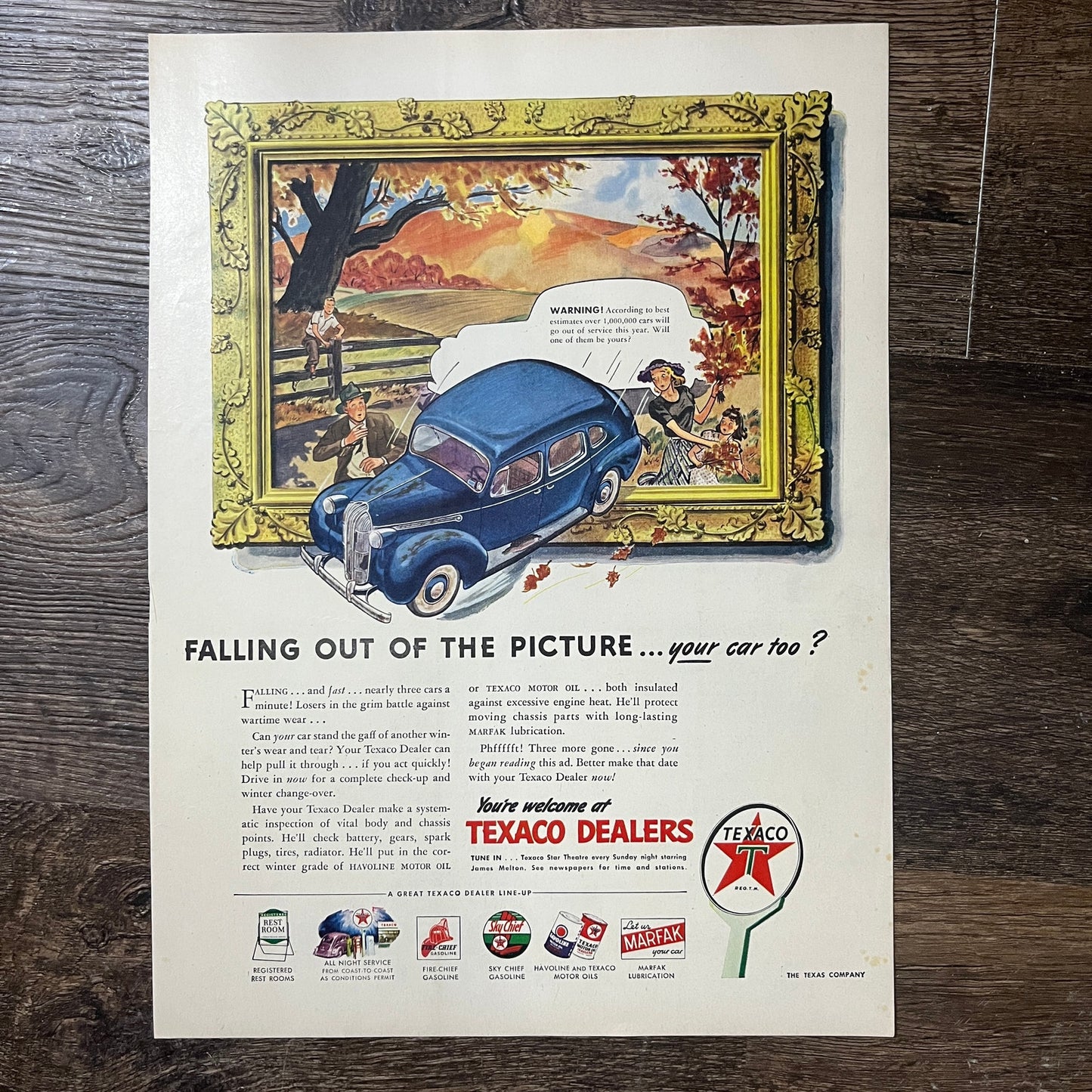 Texaco Dealers Car Falling Out of the Picture Vintage Magazine Ad 11x14 V9