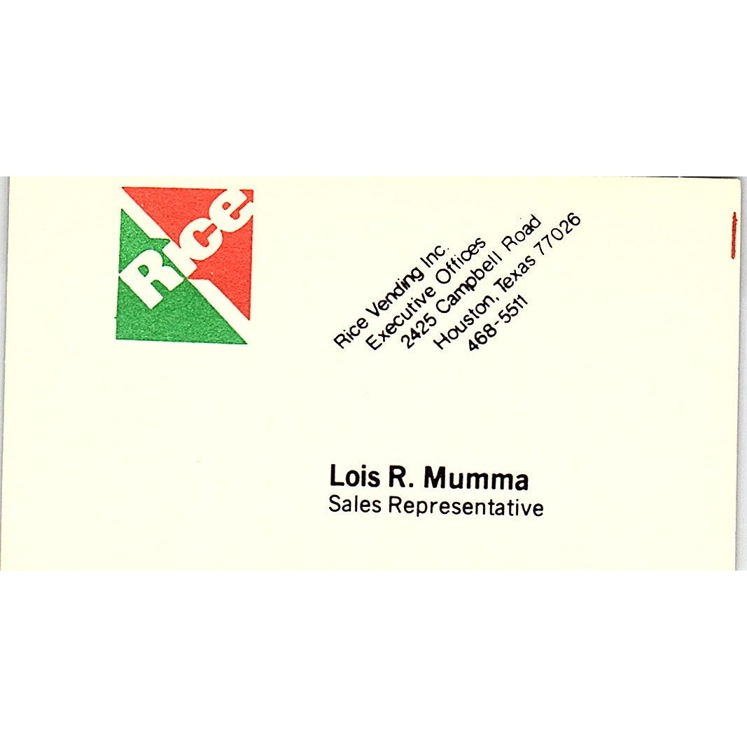Lois R Mumma Rice Vending Inc Houston Vintage Business Card SD9-B6