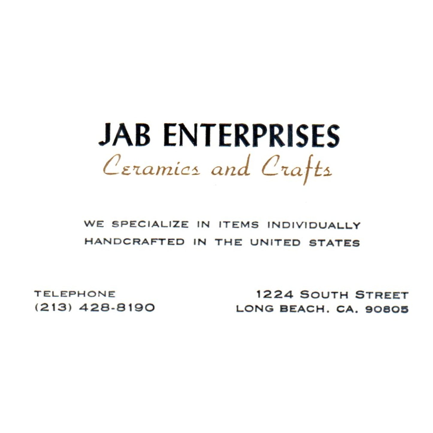 Jab Enterprises Ceramics and Crafts Long Beach CA Vintage Business Card SF3-B1