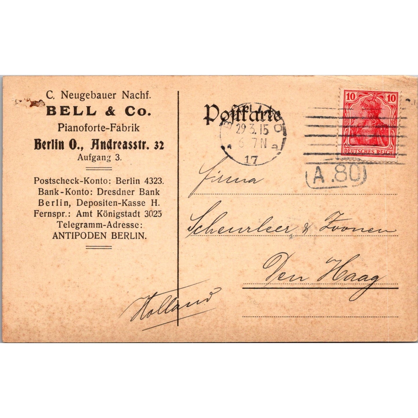 C. Neugebauer Bell & Co Berlin O. Andreasstr 1915 German Reich Postcard TE2-GRQ