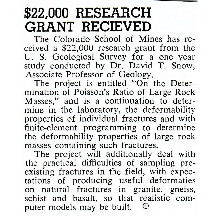 Colorado School of Mines Grant for Dr. David T. Snow 1972 Ad AF8-M1