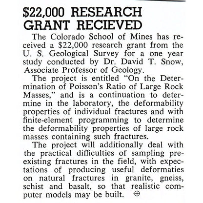 Colorado School of Mines Grant for Dr. David T. Snow 1972 Ad AF8-M1