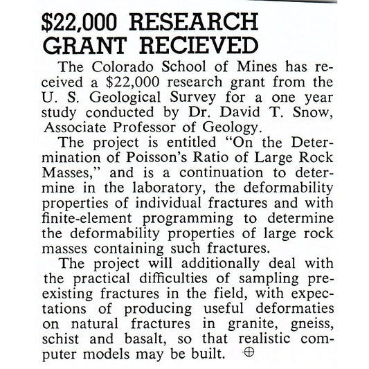 Colorado School of Mines Grant for Dr. David T. Snow 1972 Ad AF8-M1