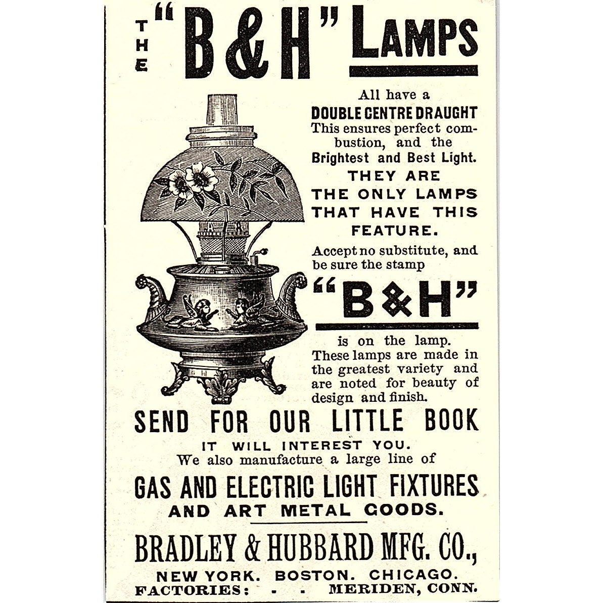 B&H Lamps Bradley & Hubbard Mfg Co Boston MA 1892 Ad AG2-M10