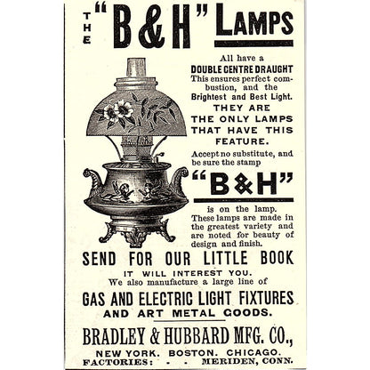 B&H Lamps Bradley & Hubbard Mfg Co Boston MA 1892 Ad AG2-M10