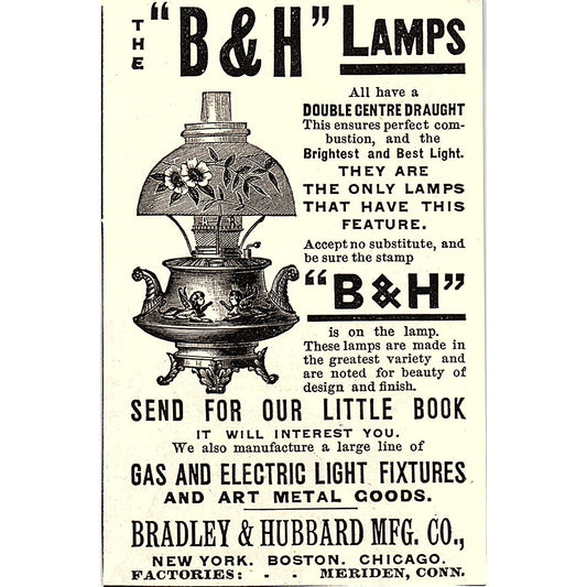 B&H Lamps Bradley & Hubbard Mfg Co Boston MA 1892 Ad AG2-M10