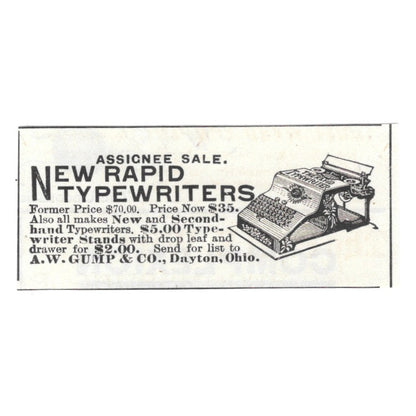 New Rapid Typewriters A.W. Gump & Co Dayton OH 1892 Ad AG2-S20