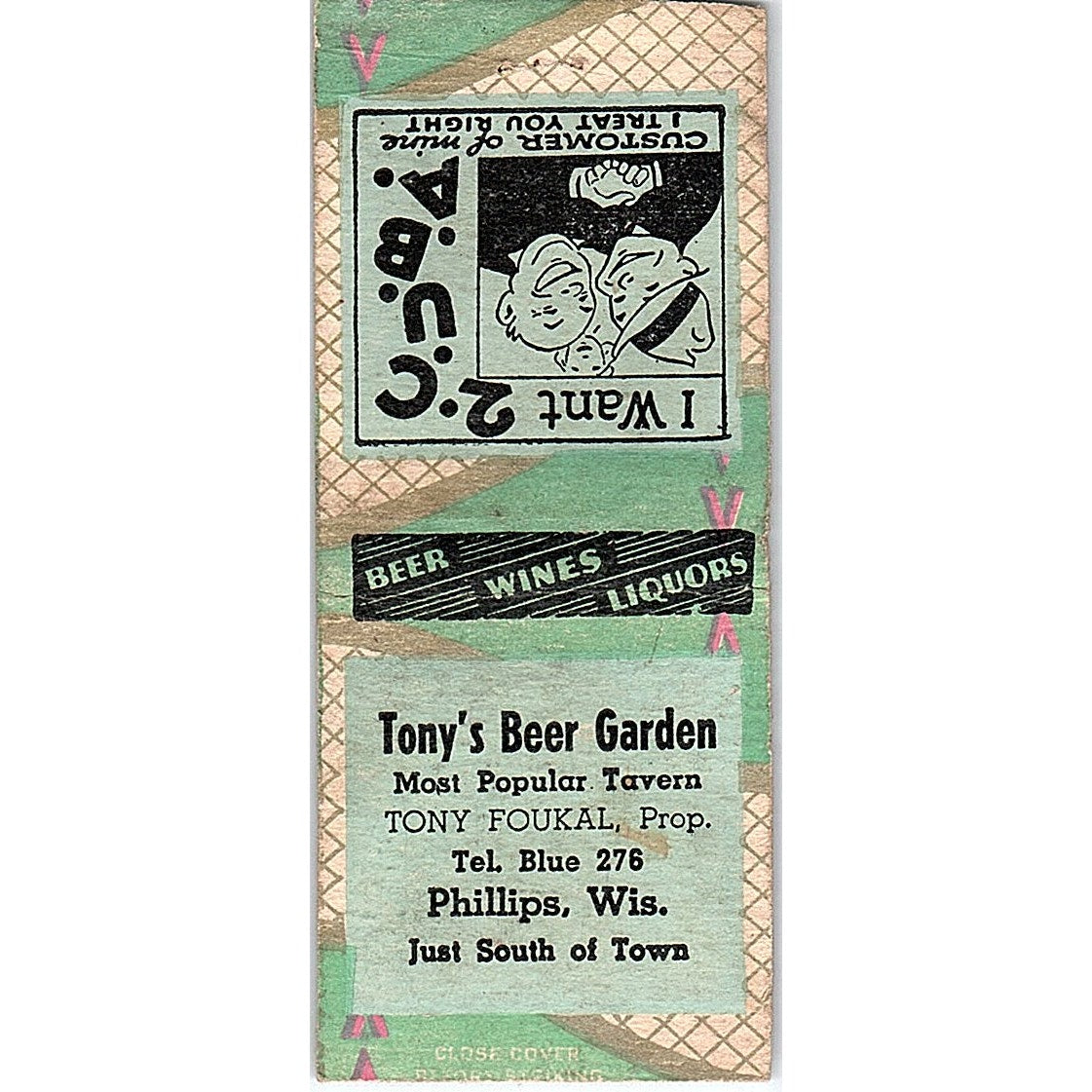 Tony's Beer Garden Tony Foukal Phillips WI Vintage Matchbook Cover SC7-Y9