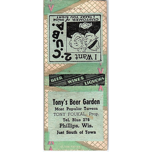 Tony's Beer Garden Tony Foukal Phillips WI Vintage Matchbook Cover SC7-Y9