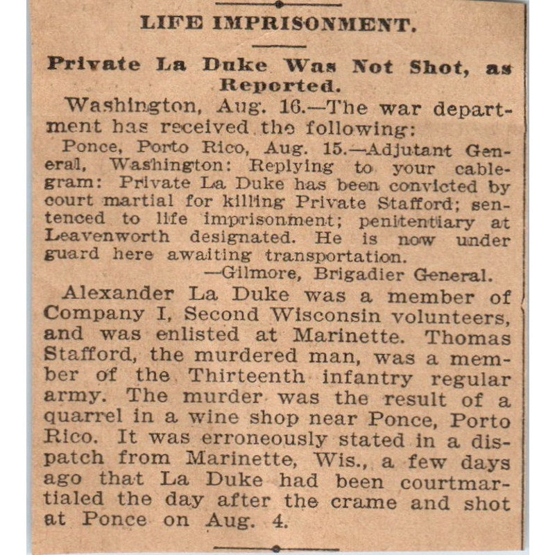 Private La Duke Convicted of Murder Private Stafford 1898 Newspaper Ad AF2-Q2