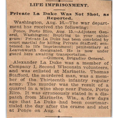 Private La Duke Convicted of Murder Private Stafford 1898 Newspaper Ad AF2-Q2