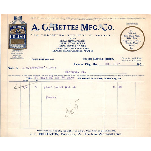 1907 A.C. Bettes Mfg Co Ideal Polish Kansas City Letterhead Billhead Receipt D11