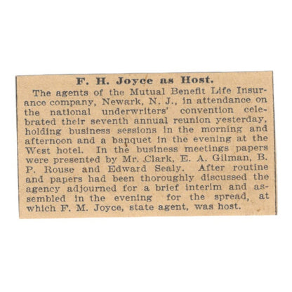 F.H. Joyce to Host National Underwriters Convention 1898 Newspaper Ad AF2-S4