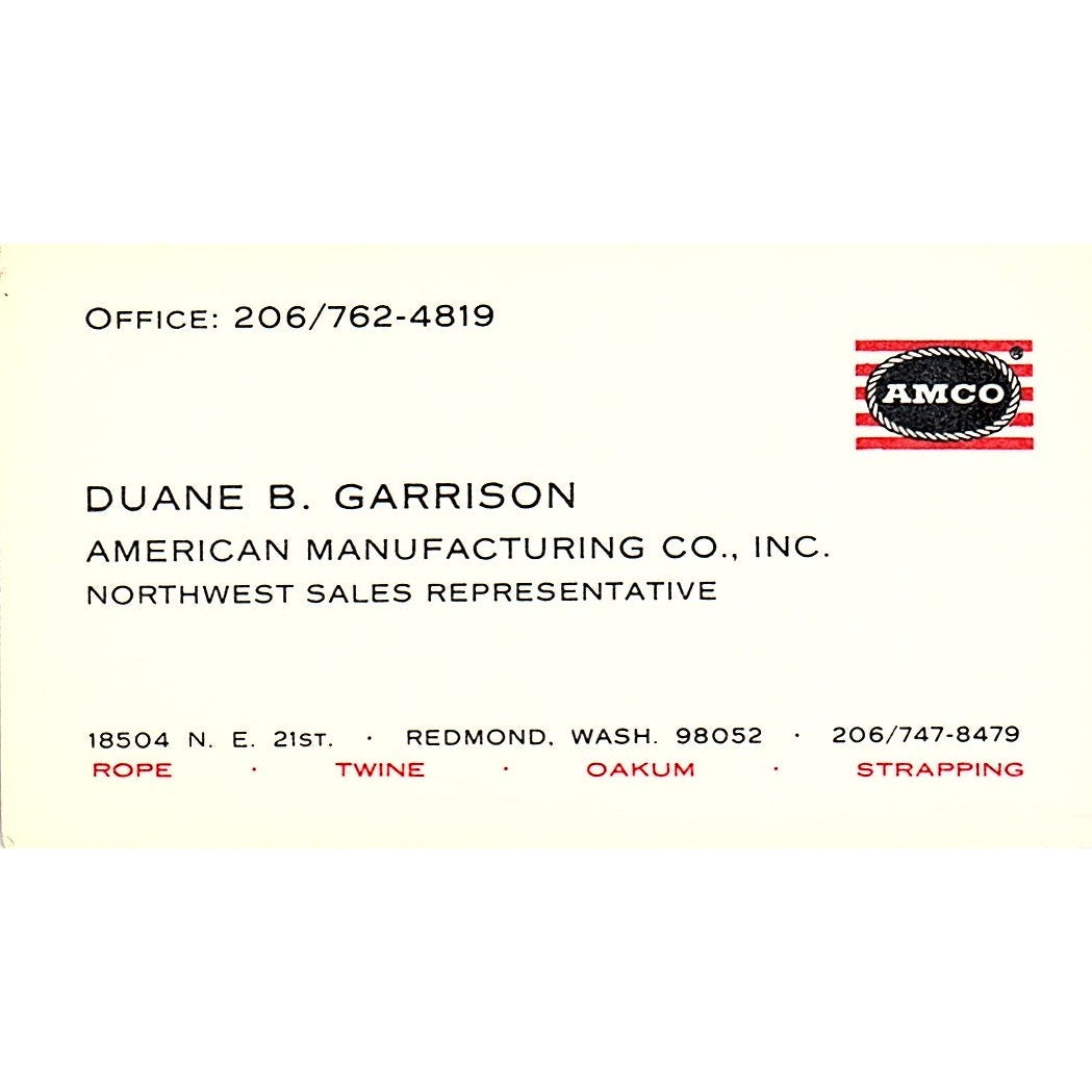 Duane B Garrison AMCO American Manufacturing Co Redmond WA Business Card SD9-B4