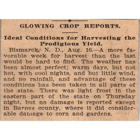 Bismarck ND Glowing Crop Reports St. Paul 1898 Newspaper Ad AF2-Q3