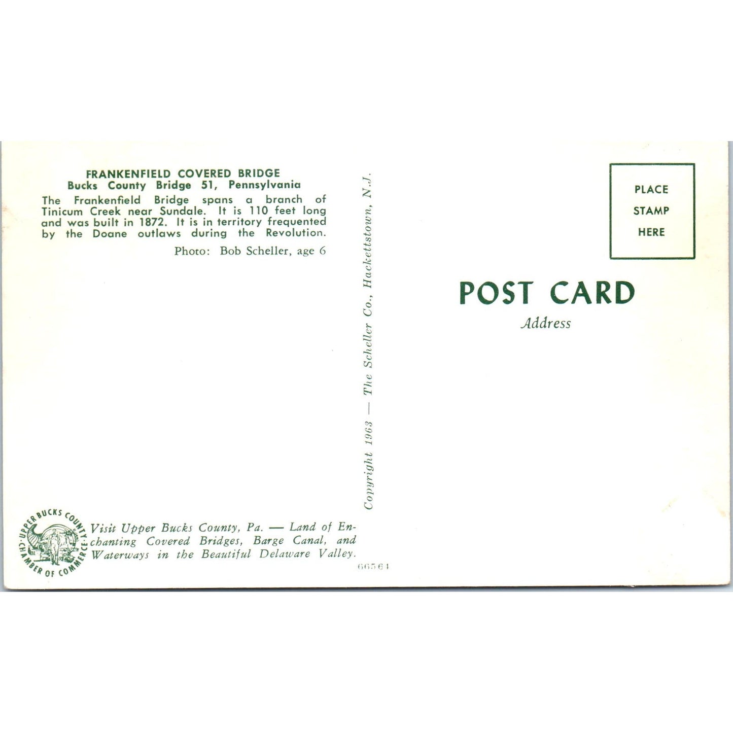 Frankenfield Bridge Bucks County #51 PA Covered Bridge Postcard PB13