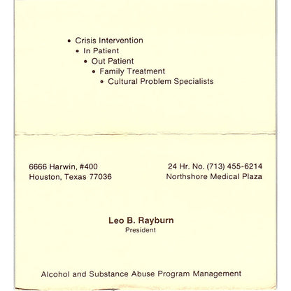 Leo B Rayburn Fresh Beginnings Treatment Houston Vintage Business Card SD9-B6