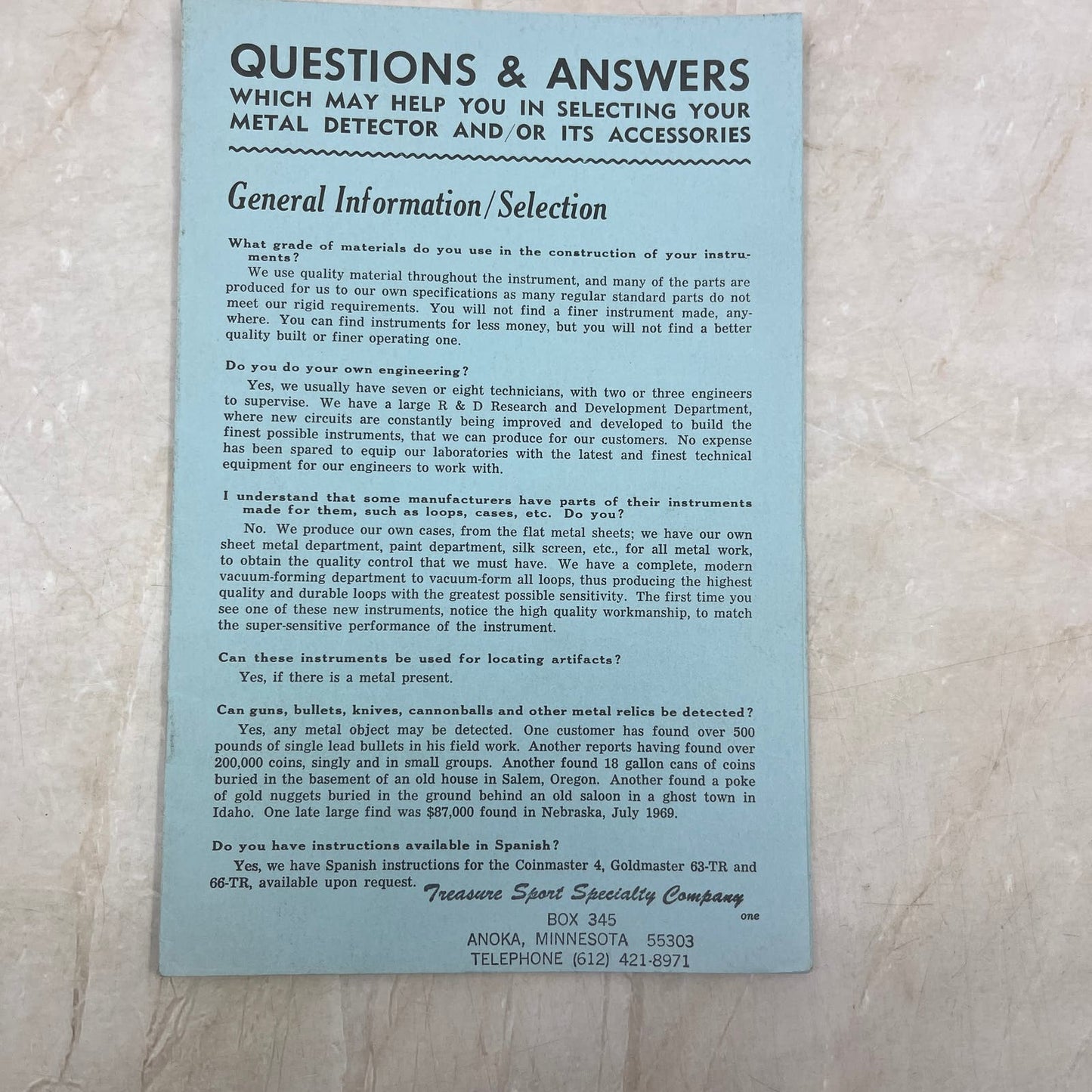 Vtg Treasure Sport Specialty Company Q&A Selecting a Metal Detector Leaflet M20