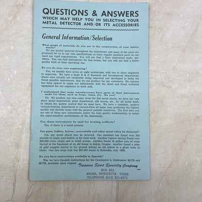 Vtg Treasure Sport Specialty Company Q&A Selecting a Metal Detector Leaflet M20