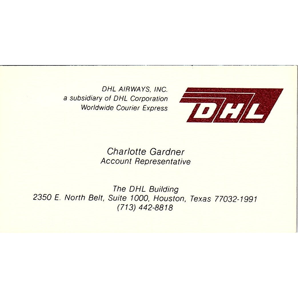 DHL Airways Inc. Charlotte Gardner Houston Texas Vintage Business Card SB4-B5