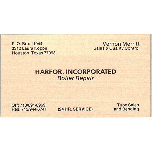 Harfor Incorporated Vernon Merritt Houston Texas Vintage Business Card SB4-B8