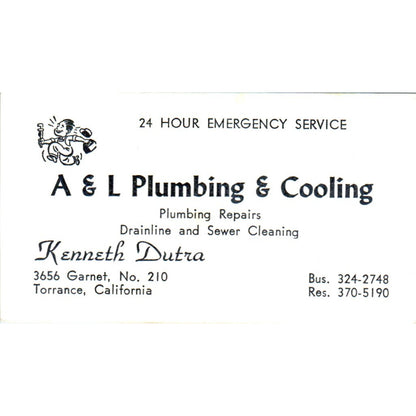 A&L Plumbing & Cooling Kenneth Dutra Torrance CA Vintage Business Card SD4-B1