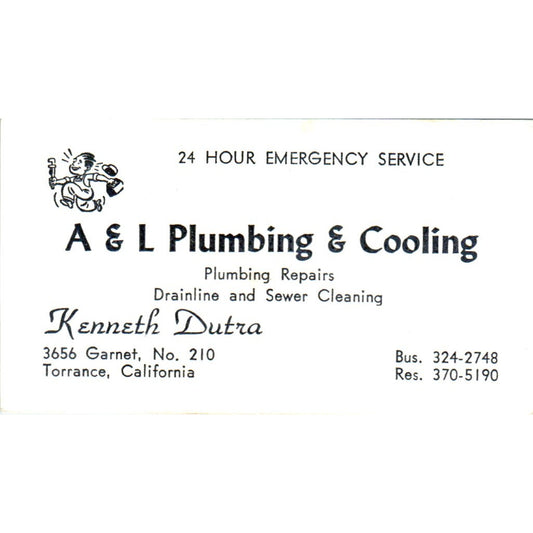 A&L Plumbing & Cooling Kenneth Dutra Torrance CA Vintage Business Card SD4-B1