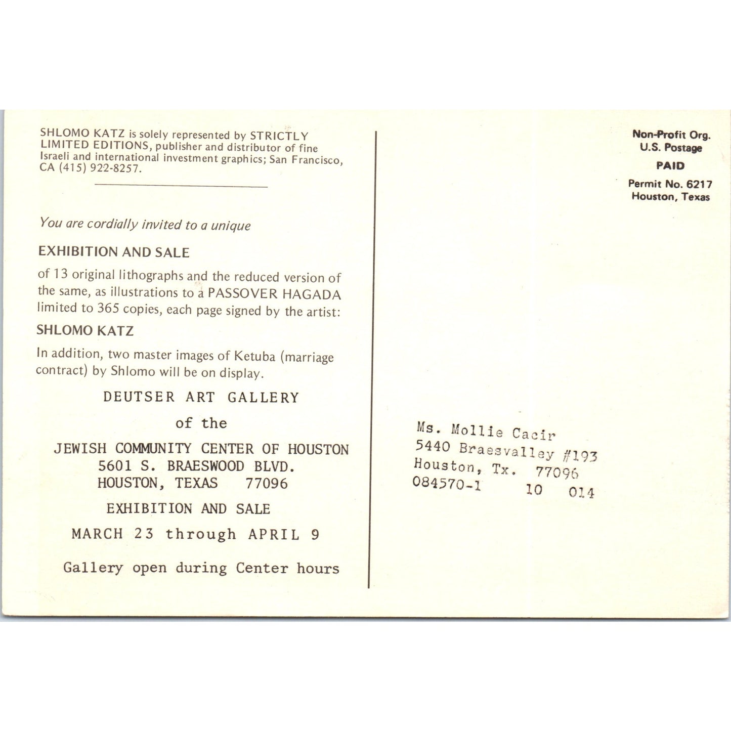 Seder - Shlomo Katz Deutser Art Gallery Advertising - Vintage Postcard AB8-RS1