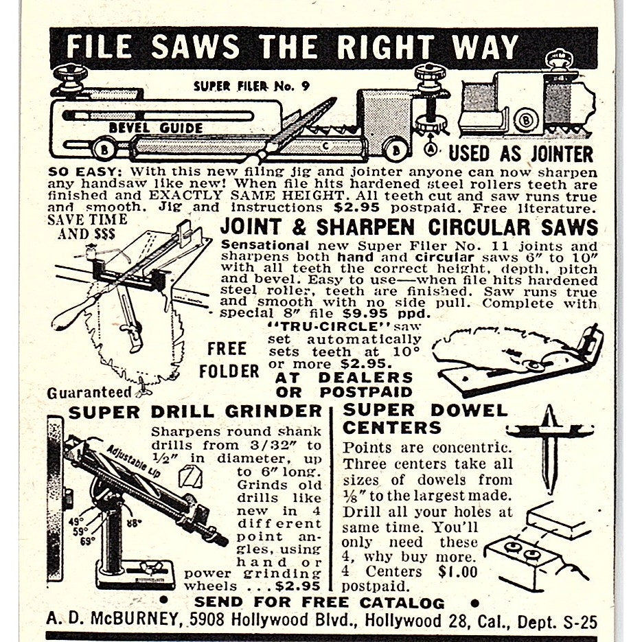 Joint and Sharpen Saws - A.D. McBurney Hollywood CA 1955 Ad AF9-M3