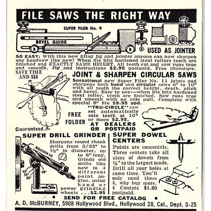 Joint and Sharpen Saws - A.D. McBurney Hollywood CA 1955 Ad AF9-M3