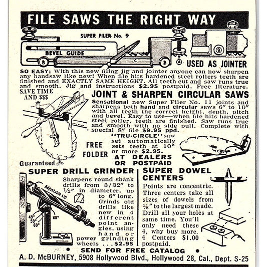 Joint and Sharpen Saws - A.D. McBurney Hollywood CA 1955 Ad AF9-M3