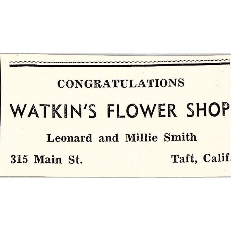 Watkins Flower Shop Leonard & Millie Smith Main St - Taft CA 1965 Ad AF8-S26
