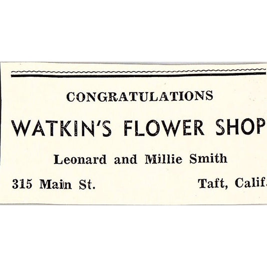 Watkins Flower Shop Leonard & Millie Smith Main St - Taft CA 1965 Ad AF8-S26