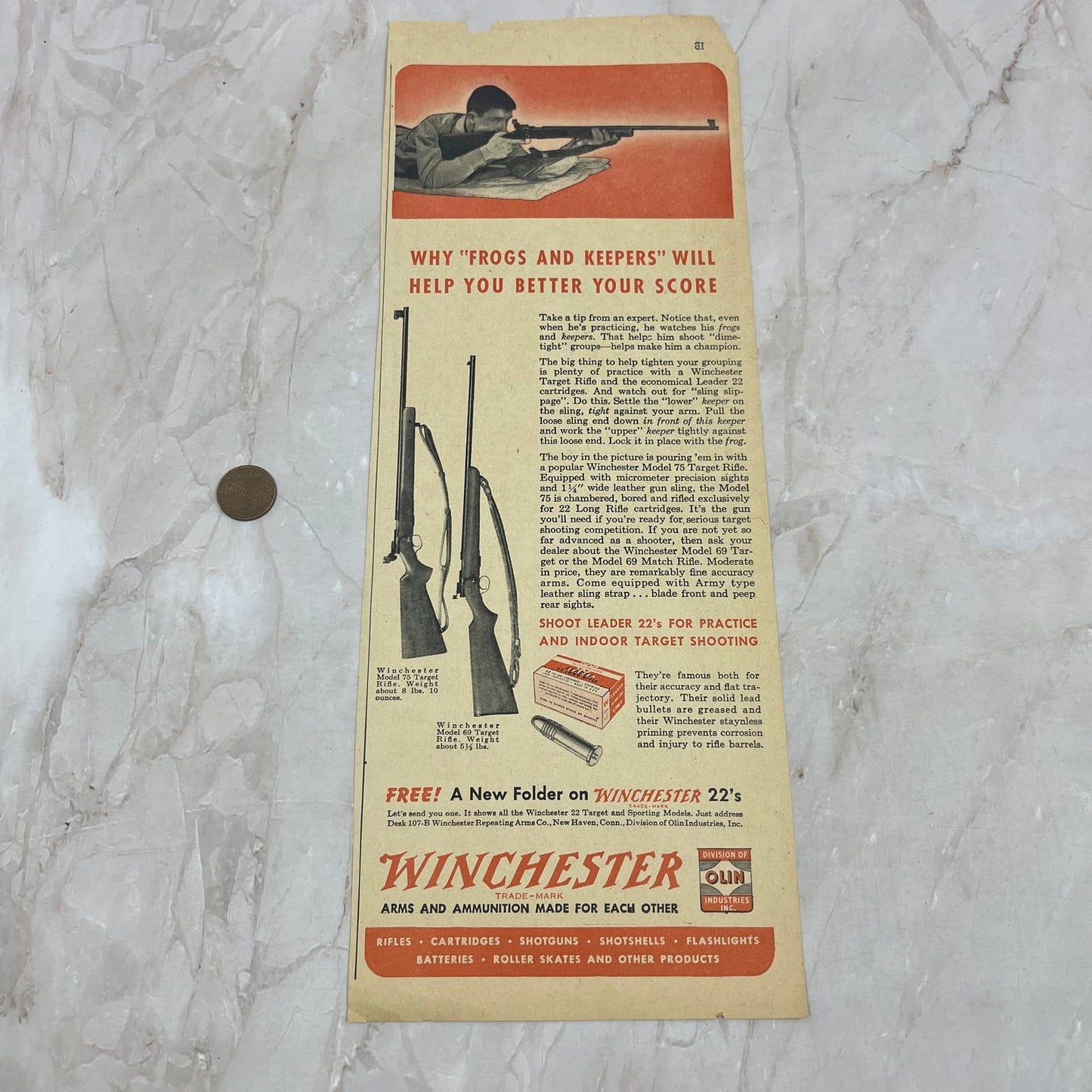 Winchester Model 75, 69 Rifles 4.5x12 Vintage Magazine Advertisement FL6-6