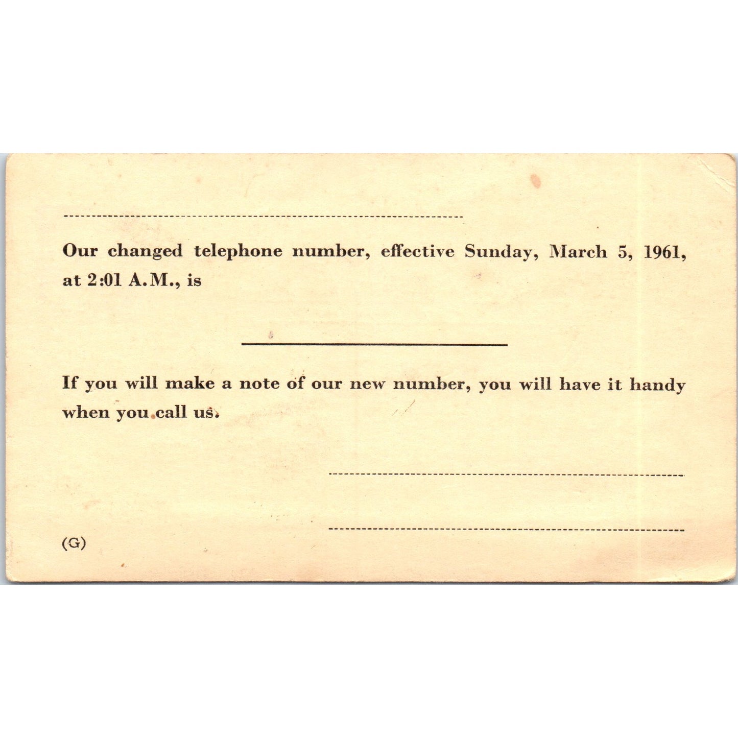 1961 Postal Mailing Card - Changed Telephone Number - Blank PE2