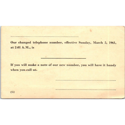 1961 Postal Mailing Card - Changed Telephone Number - Blank PE2